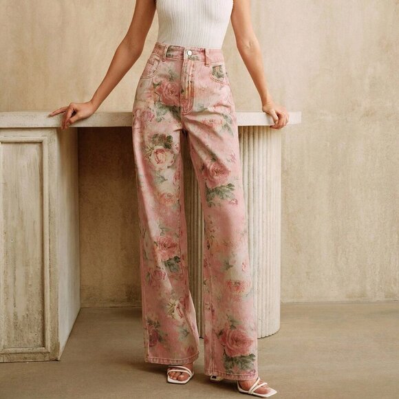 Denim - Pink Casual Women's Printed Jeans